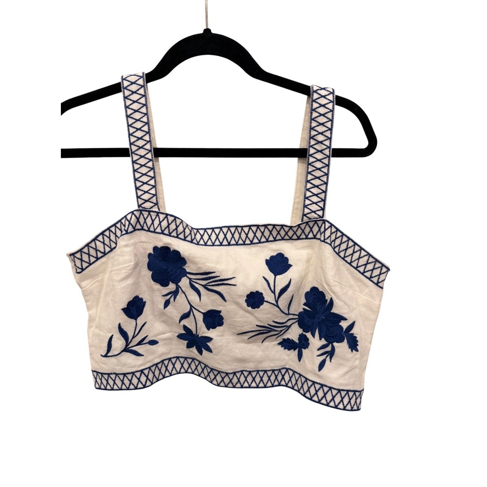 Women's White Crop Top with Blue Floral Embroidery
